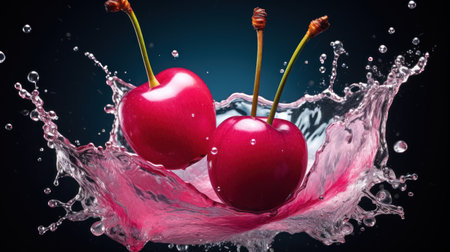 Cherries with water splash on dark background. 3d renderingの素材