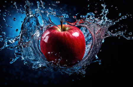 Water splash with red apple on dark blue background. Healthy food concept.の素材