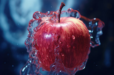 Red apple in water with bubbles on a dark background close-upの素材