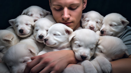 White Swiss Shepherd puppies in the hands of a girl on a black backgroundの素材