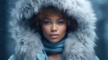 Beautiful african american woman in winter coat with fur hoodの素材