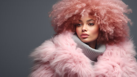 Beautiful young woman with afro hairstyle wearing pink fur coatの素材