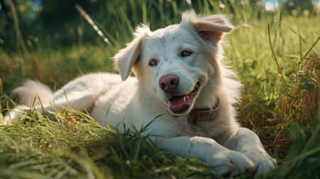Portrait of a cute white dog lying in the grass in the parkの素材