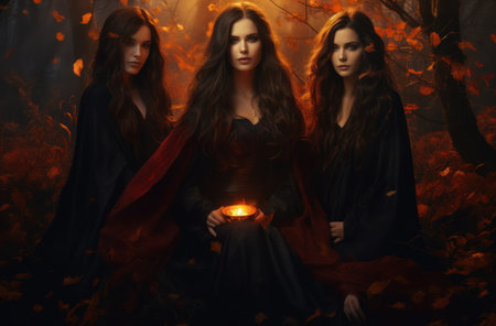 Three beautiful witches in the dark forest with a burning candle. Halloween.の素材
