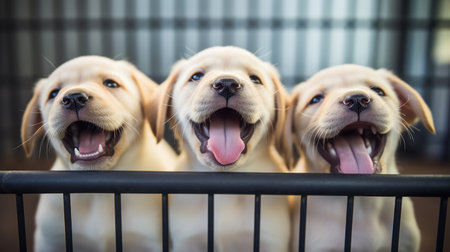 Labrador retriever puppies sitting in a cage at the animal shelterの素材