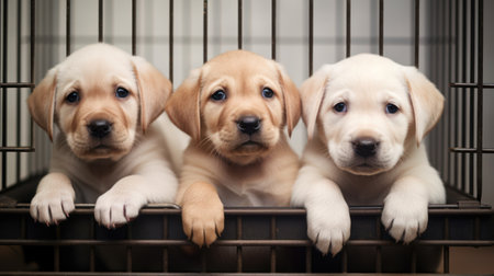 Labrador puppies in a cage, close-up, selective focusの素材