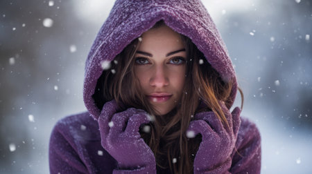 Portrait of beautiful young woman in winter park. Snowfall.の素材
