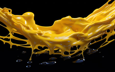 yellow paint splashing isolated on black background. 3d rendering.の素材