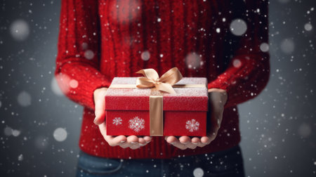 Close up of woman's hands holding christmas gift box on grey backgroundの素材
