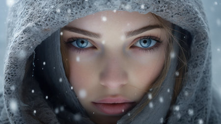 Portrait of a beautiful girl in a winter hat and scarf. Snowfall.の素材