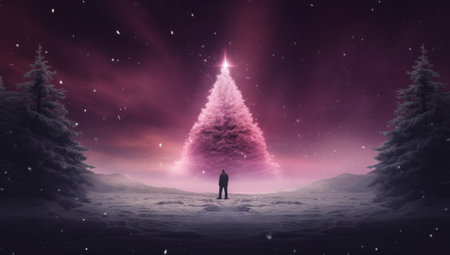 Digital composite of Silhouette of man standing in front of christmas treeの素材