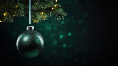 Green christmas ball hanging on christmas tree with bokeh backgroundの素材