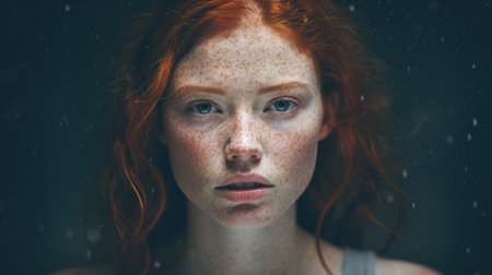 Portrait of young woman with freckles and red hair looking at camera.の素材