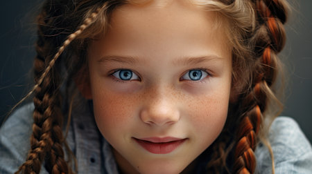 Close-up portrait of a cute little girl with braids.の素材