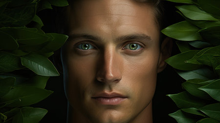Close-up portrait of a handsome young man with green leaves.の素材