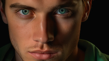 Close-up portrait of a handsome young man with green eyes.の素材
