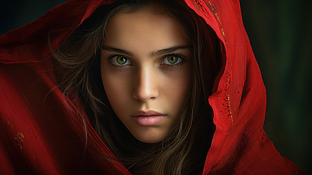 Portrait of a beautiful young woman in a red cloth on a dark backgroundの素材