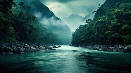 Beautiful landscape of a river flowing through the mountains in the morningの素材