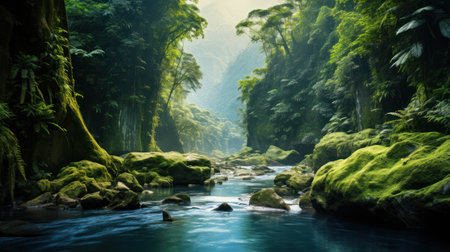 Tropical rainforest and river with green mossy rocks.の素材