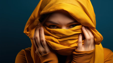 Portrait of a beautiful girl in a yellow scarf on a blue background.の素材