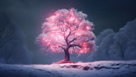 Fantasy winter landscape with tree and lights. 3D Renderingの素材
