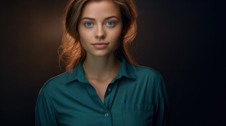 Portrait of a beautiful girl in a blue shirt on a dark backgroundの素材