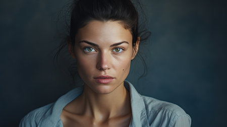Portrait of a beautiful young woman with dark hair and blue eyesの素材
