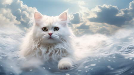 Cute white persian cat lying in the water with blue sky backgroundの素材