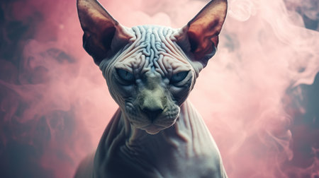 Portrait of a sphynx cat on a colored backgroundの素材