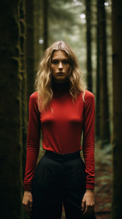 Fashion portrait of young beautiful woman in red dress in the forestの素材