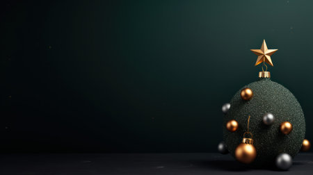 3d rendering of christmas tree with golden star and balls on black backgroundの素材