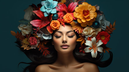 Beautiful young woman with flowers in her hair. Beauty, fashion.の素材