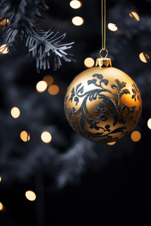 Golden Christmas ball hanging on christmas tree with bokeh backgroundの素材
