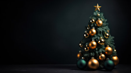 Christmas tree with golden baubles on black background. 3D renderingの素材