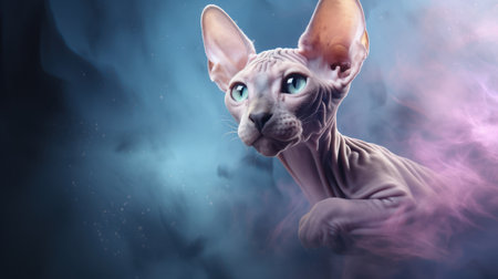 Sphynx cat with blue eyes in smoke on dark backgroundの素材