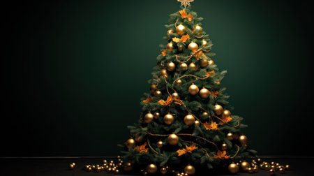 Christmas tree with golden decorations on a dark green background. Toned.の素材