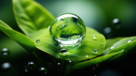 Water drop on green leaf with nature bokeh background. Nature concept.の素材