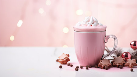Hot chocolate with marshmallows and gingerbread cookies on white wooden tableの素材