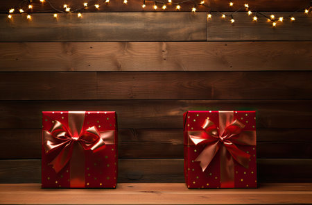 Two red gift boxes with lights on wooden background. Christmas or New Year concept.の素材