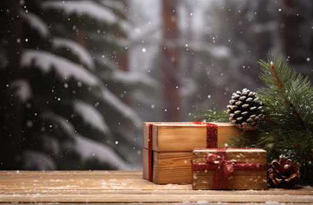 Christmas gift boxes and pine cone on wooden table in snowy forest.の素材