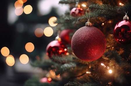Christmas tree with red baubles on blurred bokeh backgroundの素材