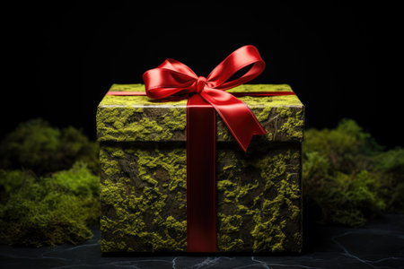 Gift box with red ribbon on a black background with moss.の素材