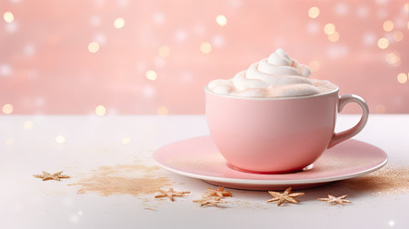 Cup of hot cocoa with marshmallow on bokeh backgroundの素材