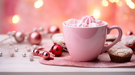 Cup of hot chocolate with marshmallow and christmas decorations on bokeh backgroundの素材
