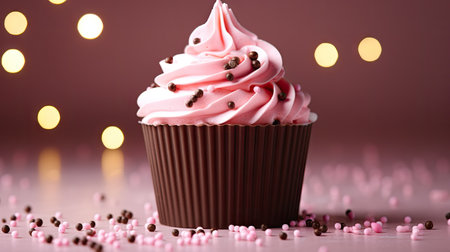 Cupcake with pink frosting on bokeh lights backgroundの素材