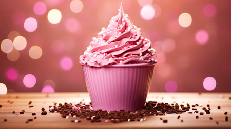 Cupcake with pink cream on wooden table and bokeh backgroundの素材
