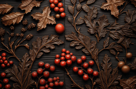 Autumn background with leaves and berries on black wooden background. Flat lay, top view.の素材