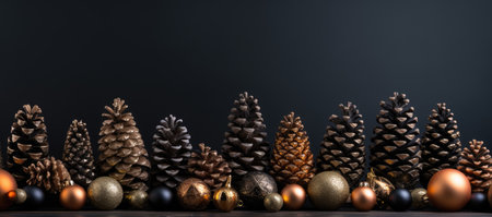 Christmas and New Year decoration with pine cones and golden balls on black backgroundの素材