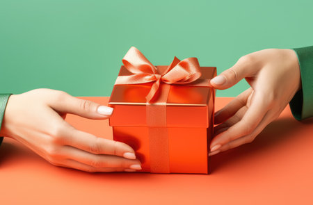 Hands holding a gift box with a bow on a green backgroundの素材