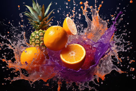 Fruit in water splash on black background. Orange, pineapple and grapefruitの素材